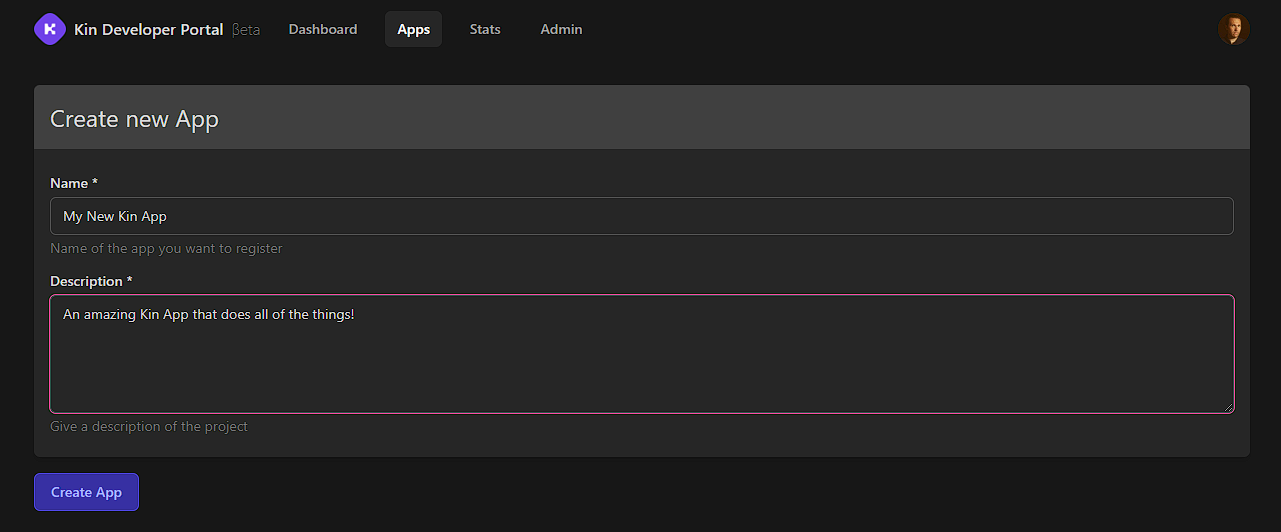 Kin Developer Portal Create App